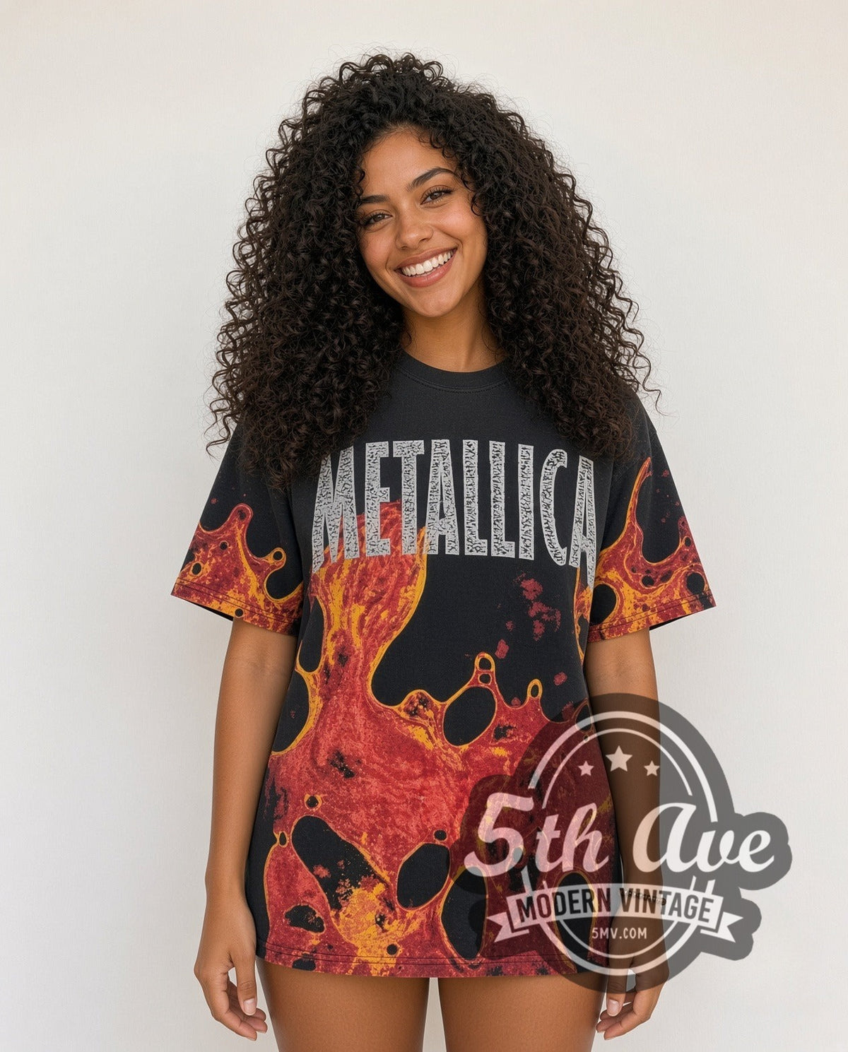 Model wearing the Metallica Reload all-over-print vintage band t-shirt in black
