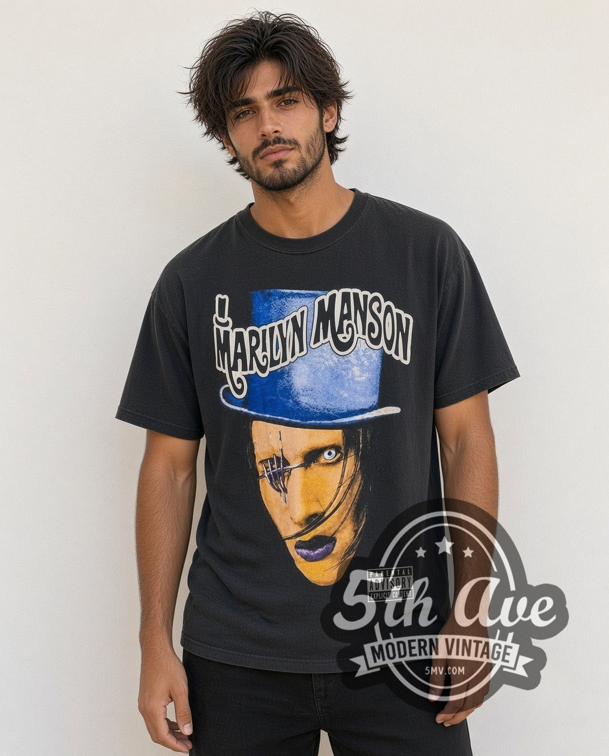 Model wearing the Marilyn Manson Dope Hat vintage band t-shirt in black