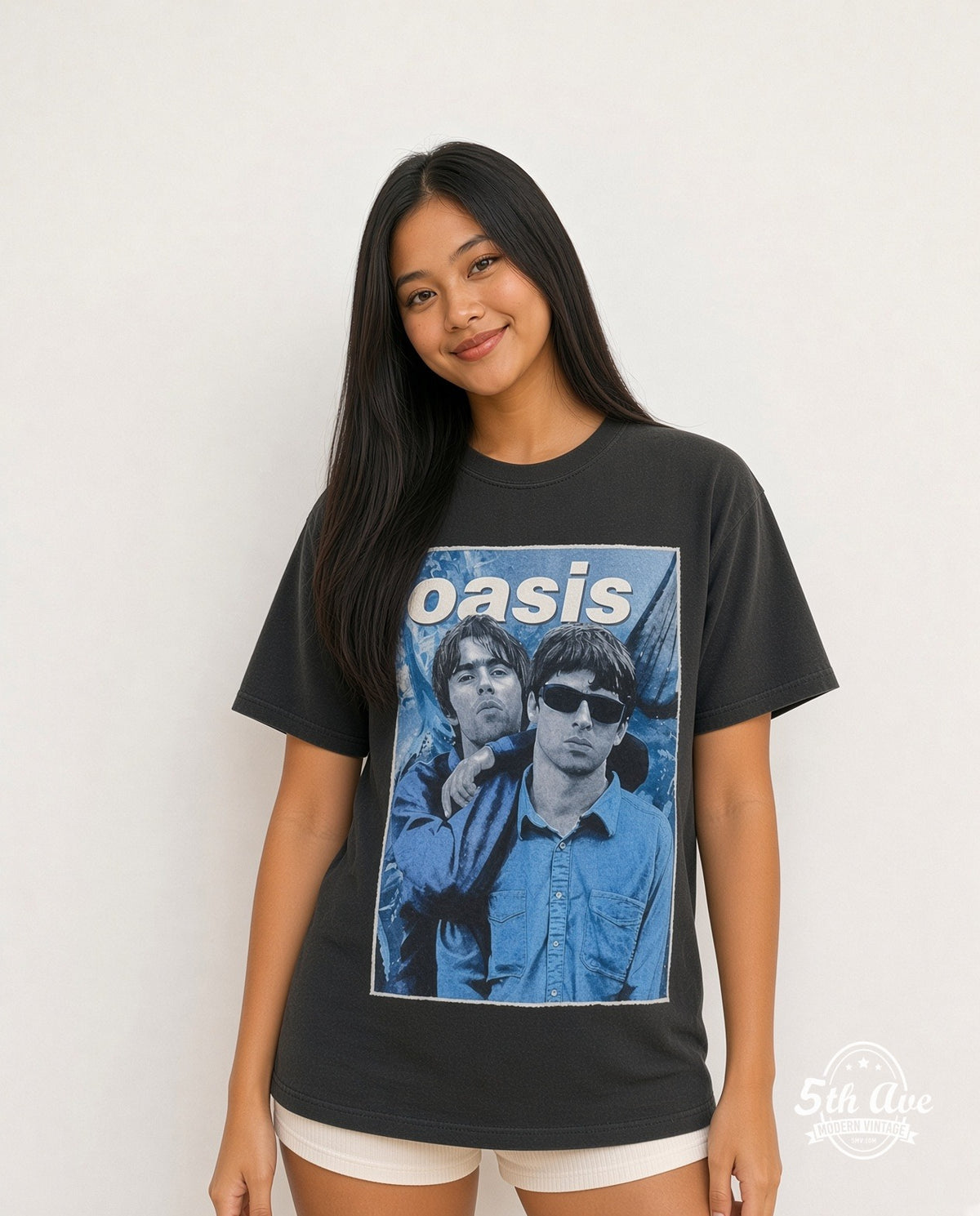 Model wearing the Oasis Liam and Noel Gallagher vintage band t-shirt in black