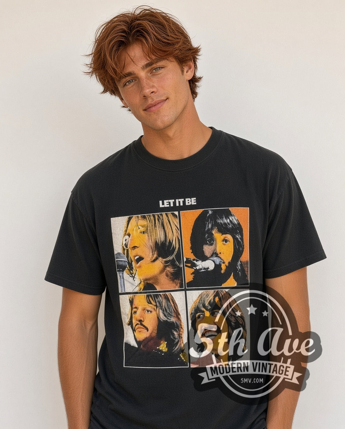 Model wearing The Beatles Let It Be 1970 vintage band t-shirt in black