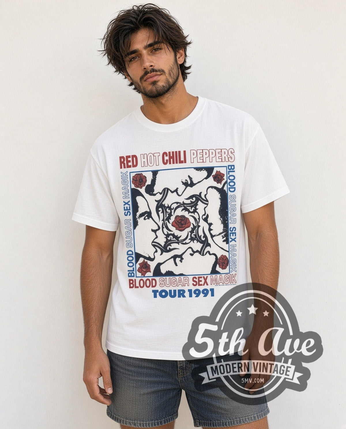 Model wearing the Red Hot Chili Peppers Blood Sugar Sex Magik Tour 1991 vintage band t-shirt in white