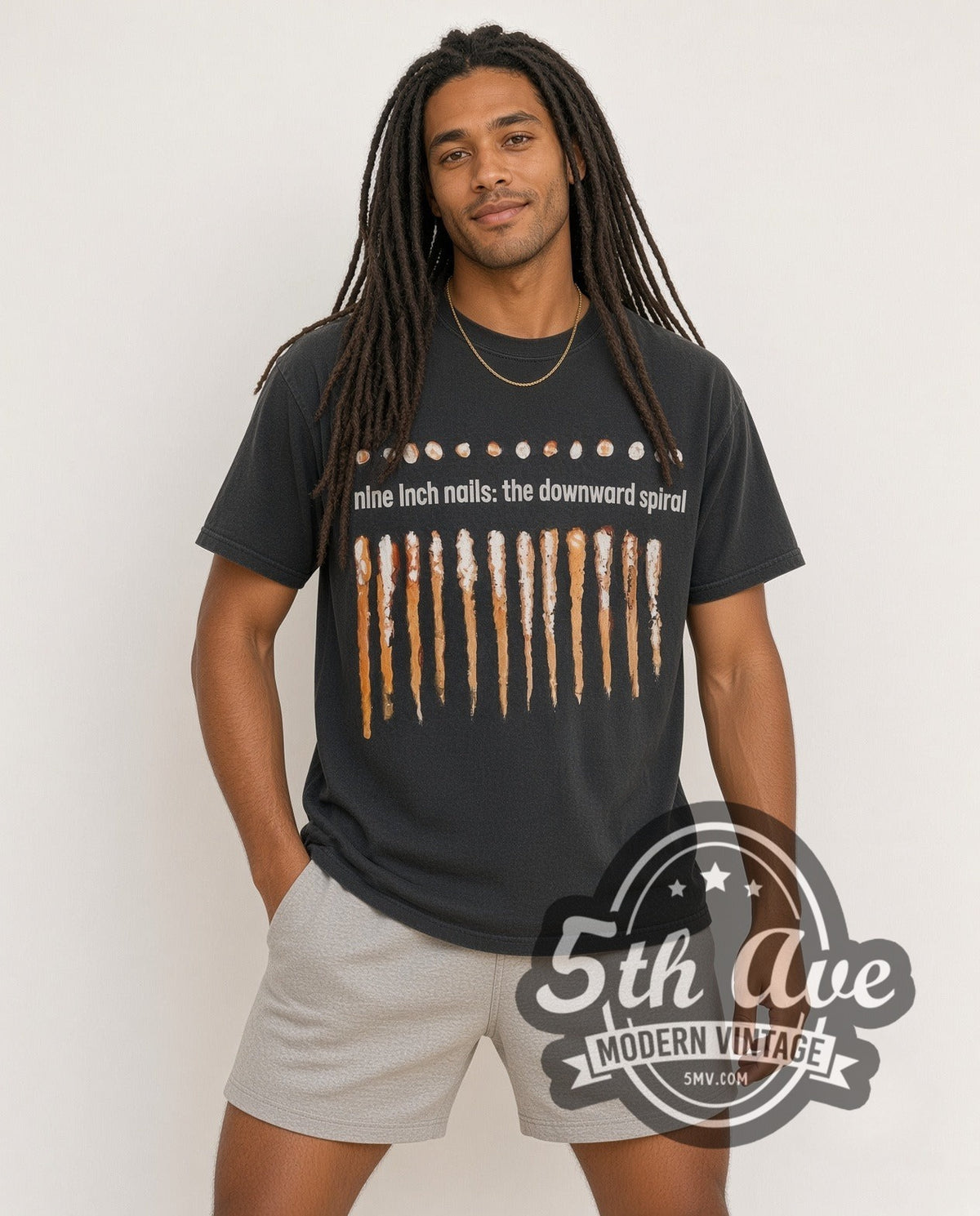 Model wearing the Nine Inch Nails NIИ 'The Downward Spiral' 1994 vintage band t-shirt in black