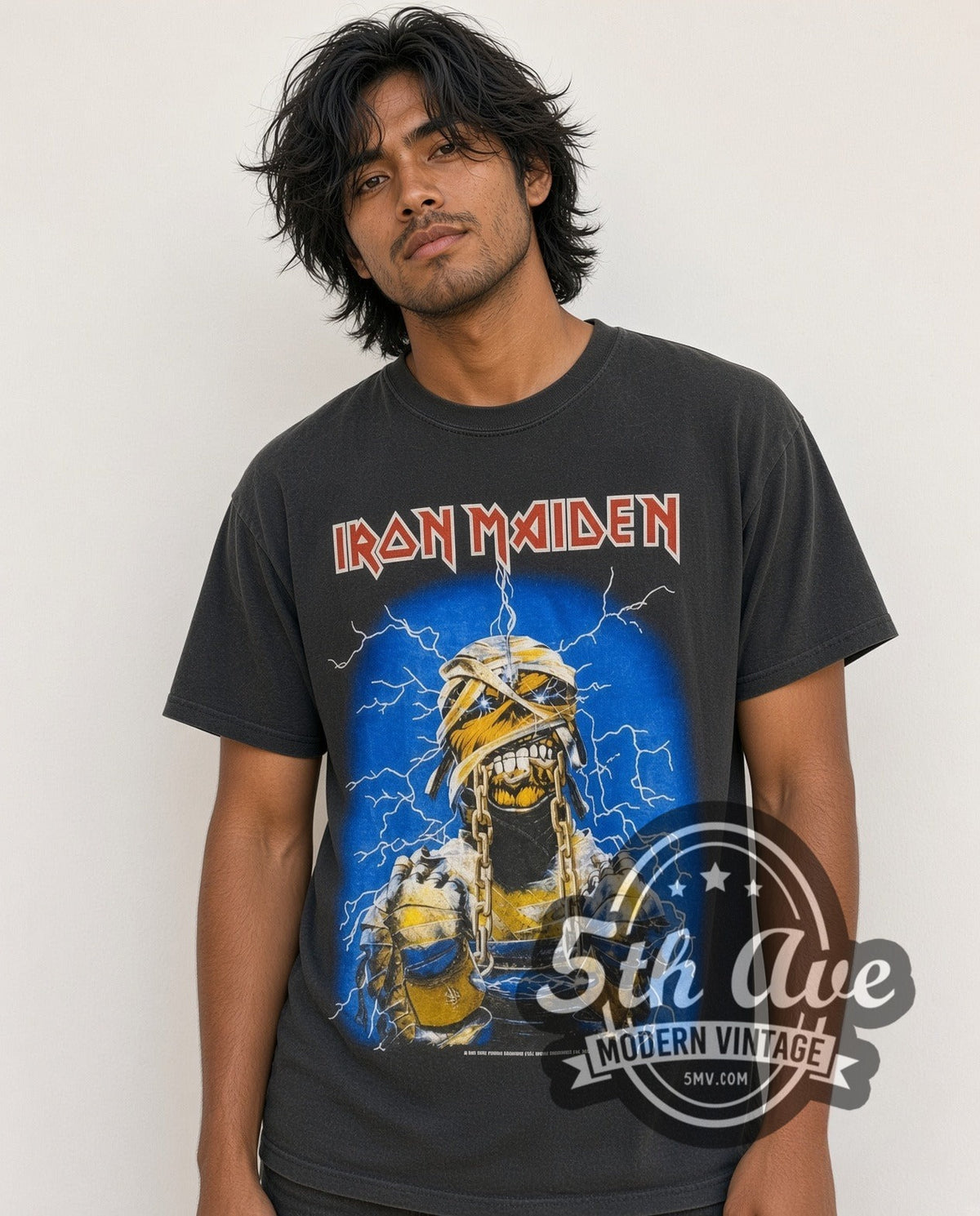 Model wearing the Iron Maiden World Slavery Tour 1984/85 vintage band t-shirt in black