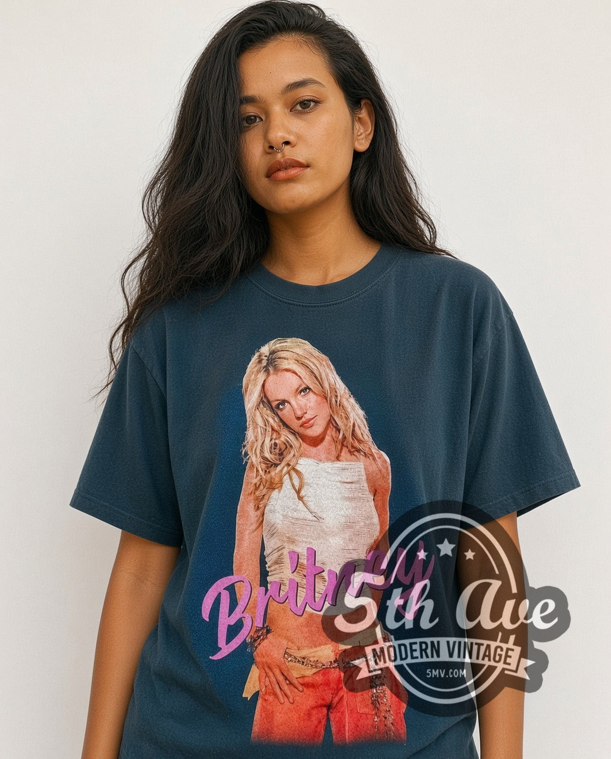 Model wearing the Britney Spears Oops!... I Did It Again Tour 2000 vintage band t-shirt in black