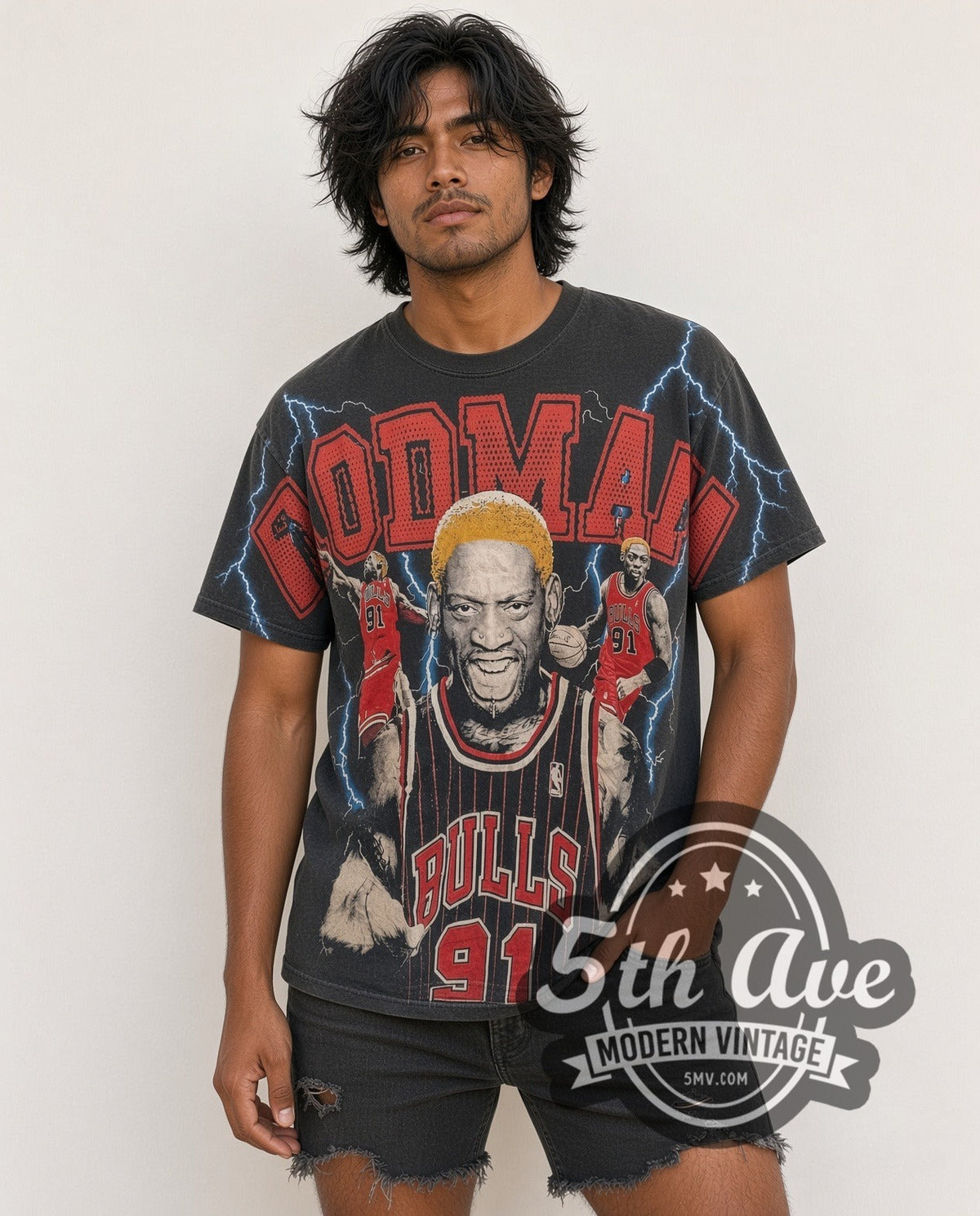 Model wearing the Dennis Rodman Chicago Bulls all-over-print vintage basketball tee in black