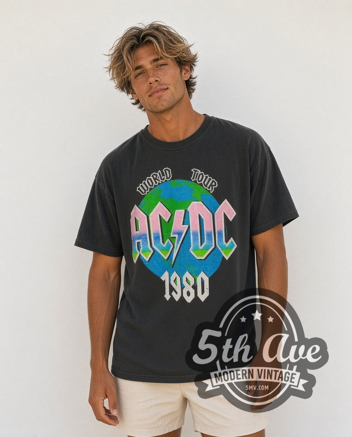 Model wearing the AC/DC Back in Black World Tour 1980 vintage band t-shirt in black