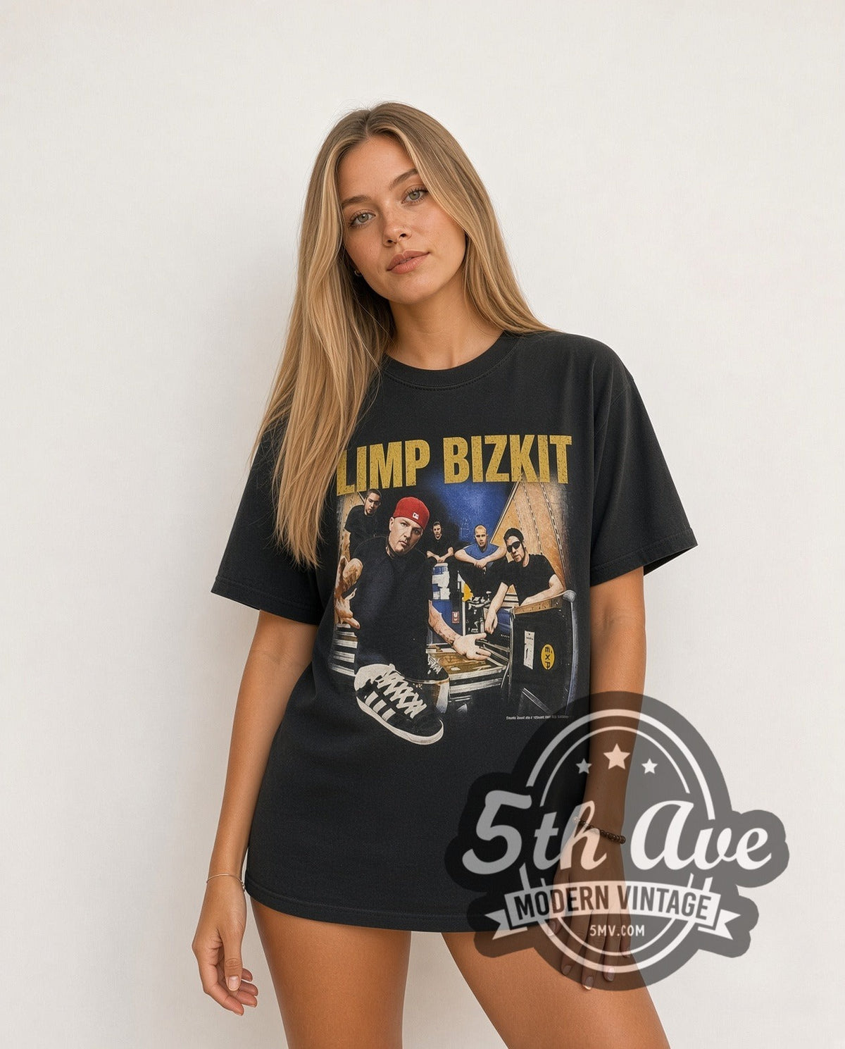 Model wearing the Limp Bizkit Chocolate Starfish Tour vintage band t-shirt in black