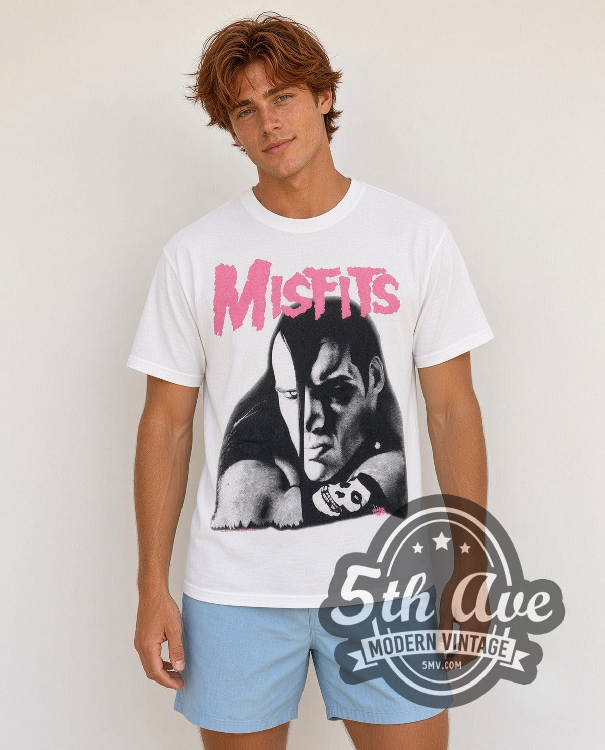 Model wearing the Misfits Crimson Ghost vintage band t-shirt in white