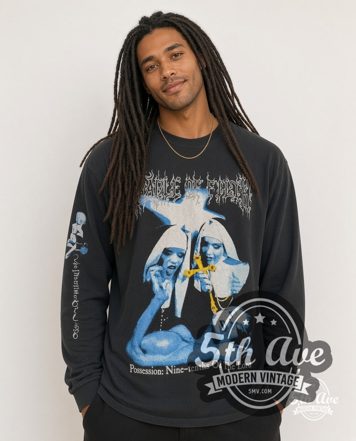 Model wearing the Cradle of Filth Decadence Is a Virtue vintage band long sleeve t-shirt