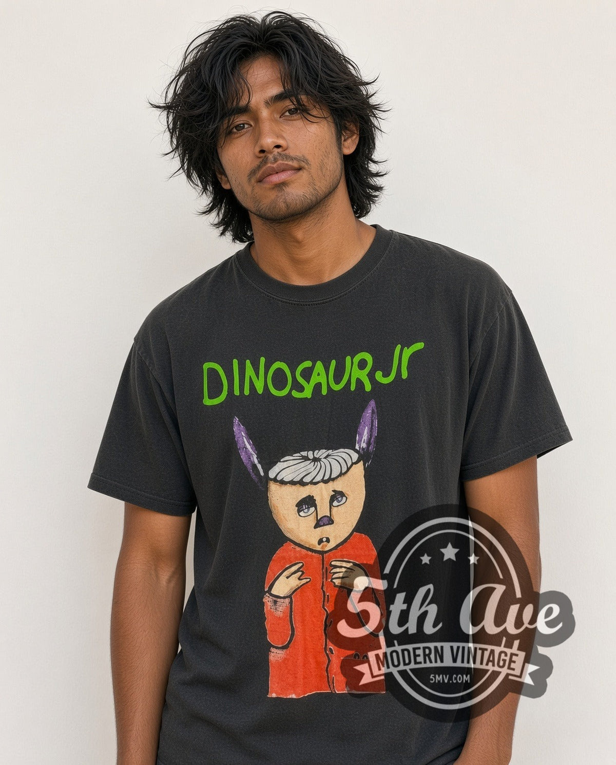 Model wearing the Dinosaur Jr. Without a Sound vintage band t-shirt in black