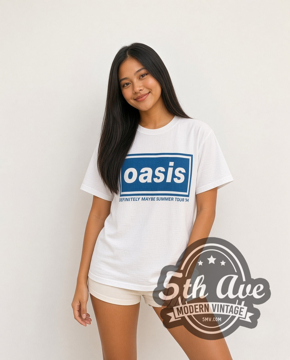 Model wearing the Oasis Definitely Maybe Summer Tour 1994 vintage band t-shirt in white