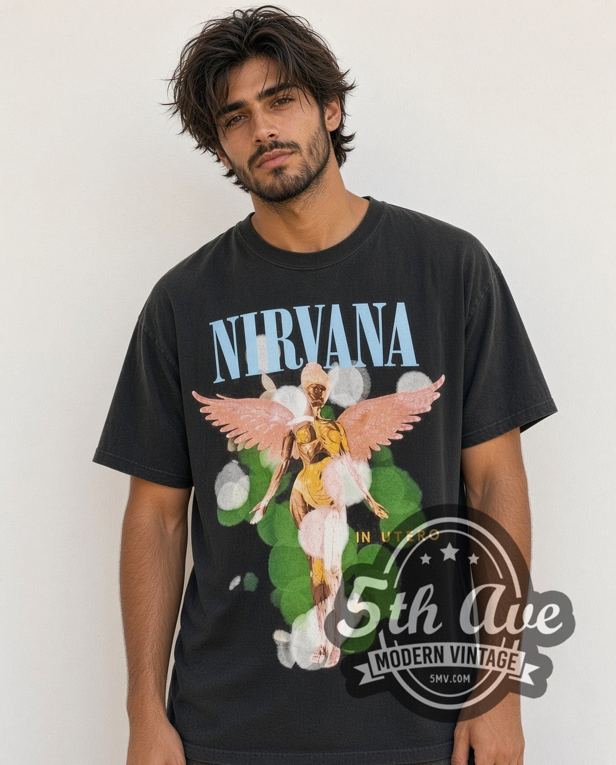 Model wearing the Nirvana In Utero Angel Aura vintage band t-shirt in black