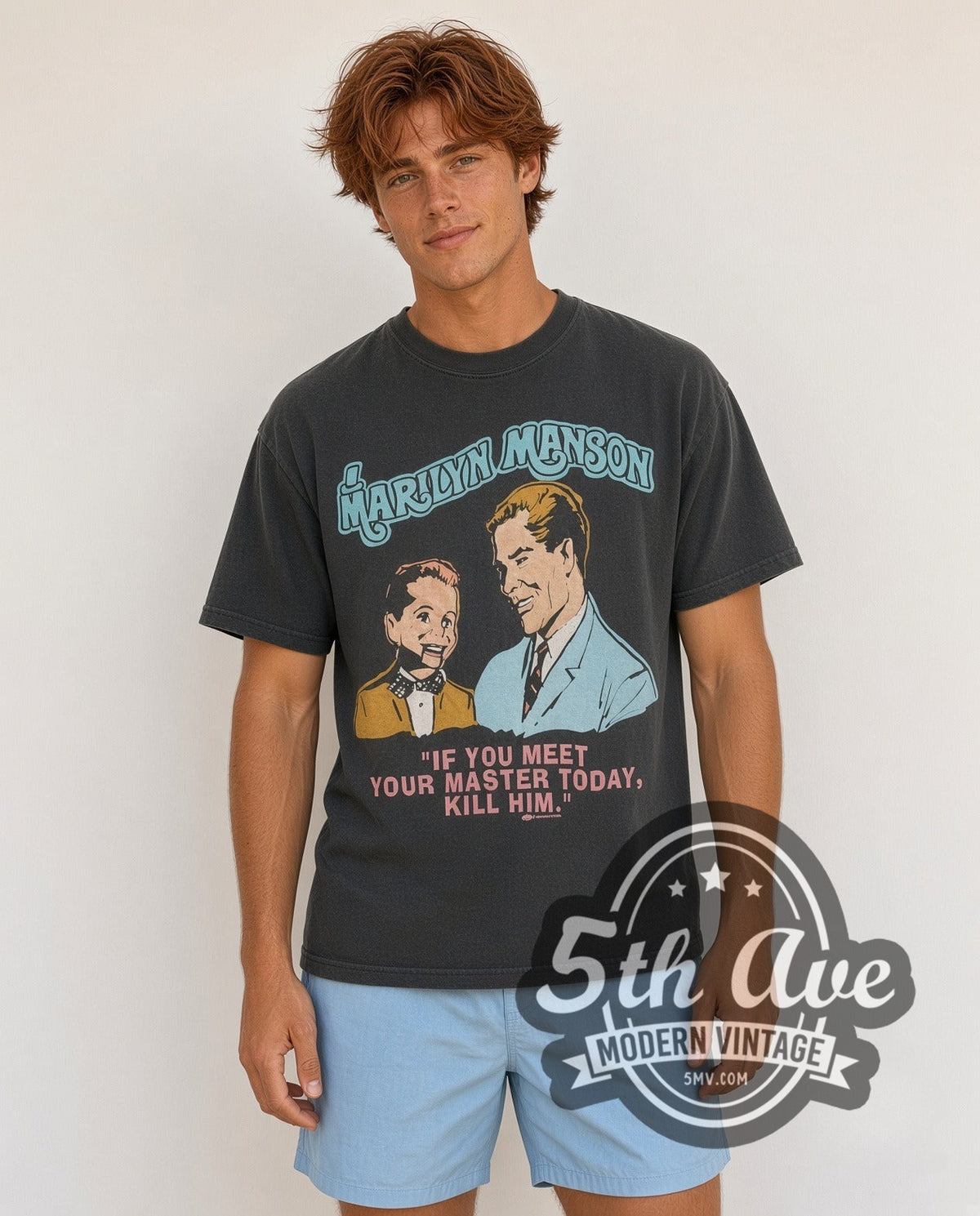 Model wearing the Marilyn Manson Meet Your Master vintage band t-shirt in black