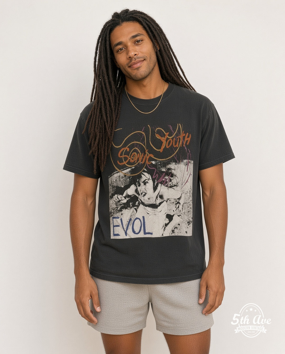 Model wearing the Sonic Youth Evol Tour 1986 vintage band t-shirt in black