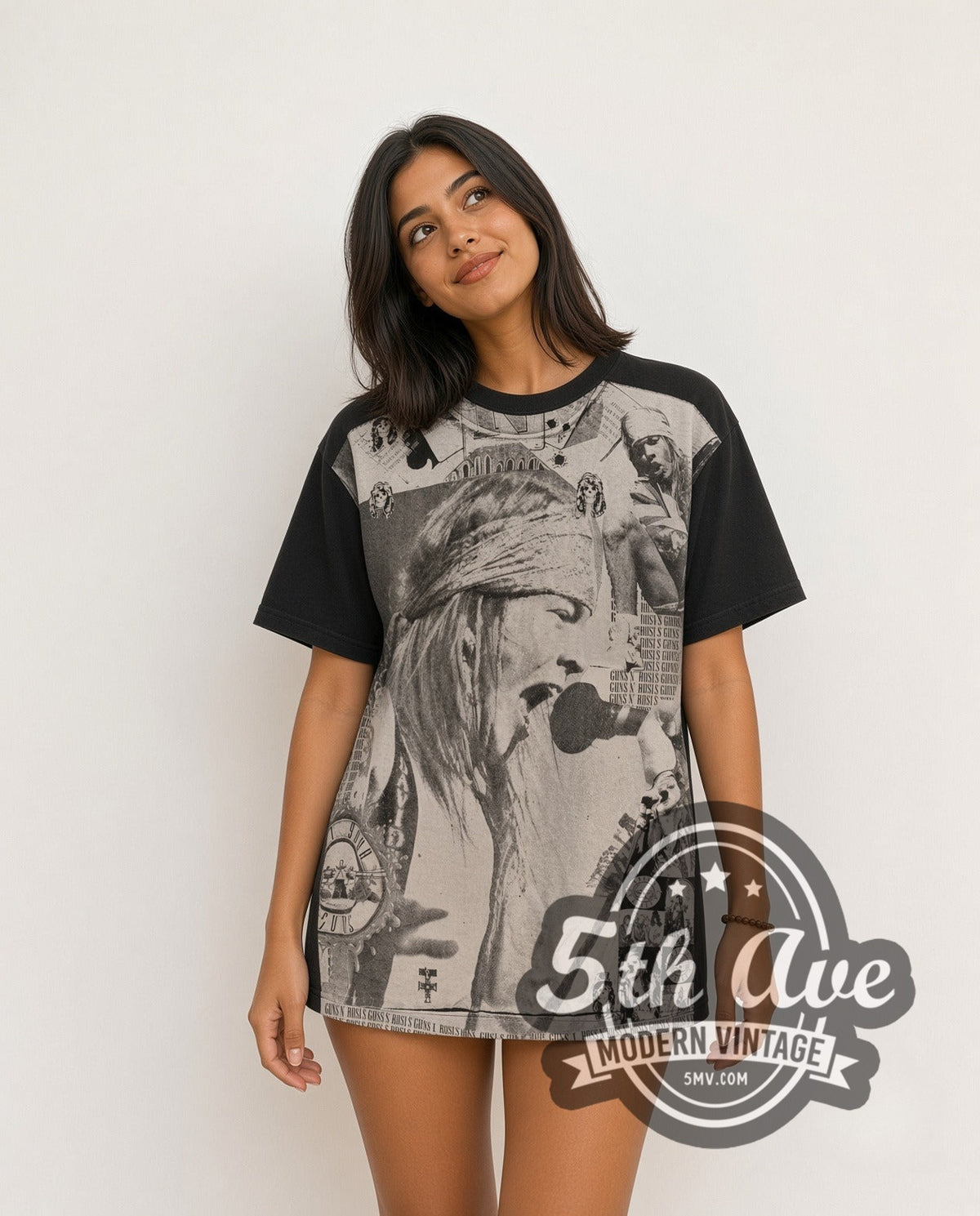 Model wearing the Guns N' Roses Axl Rose all-over-print vintage band t-shirt in black