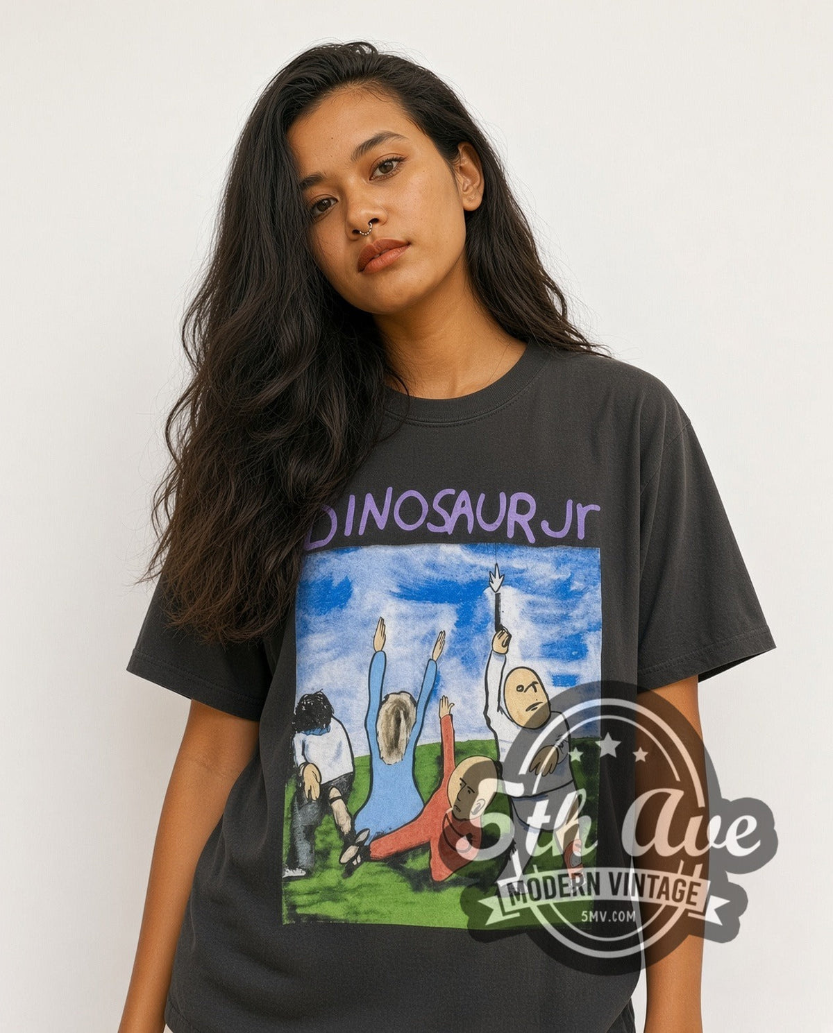 Model wearing the Dinosaur Jr. vintage band t-shirt in black
