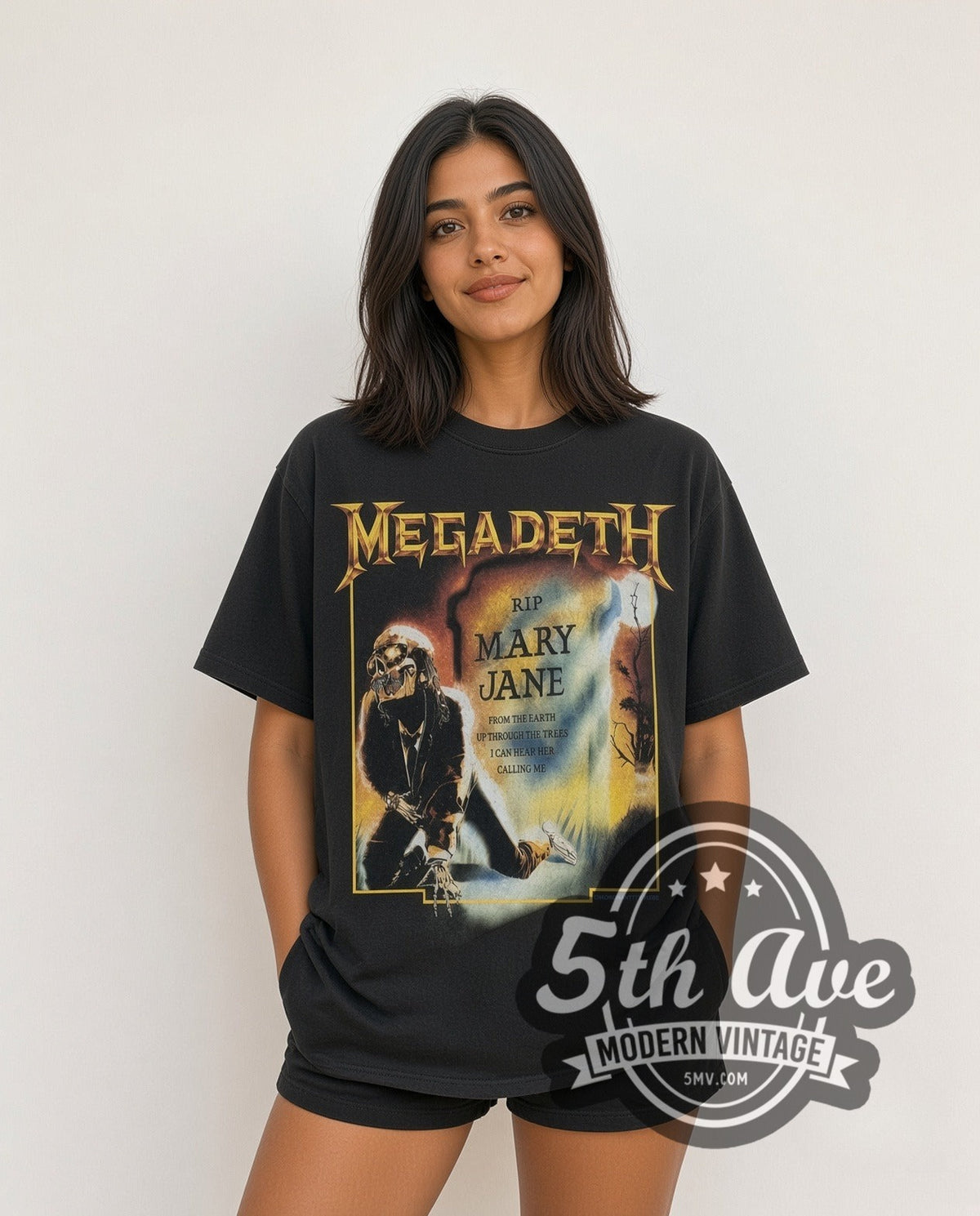 Model wearing the Megadeth Mary Jane vintage band t-shirt in black