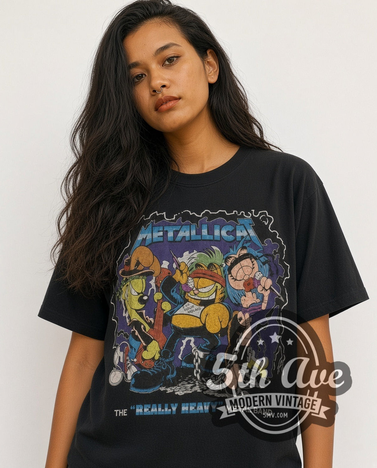 Model wearing the Metallica x Garfield Metallicat vintage band t-shirt