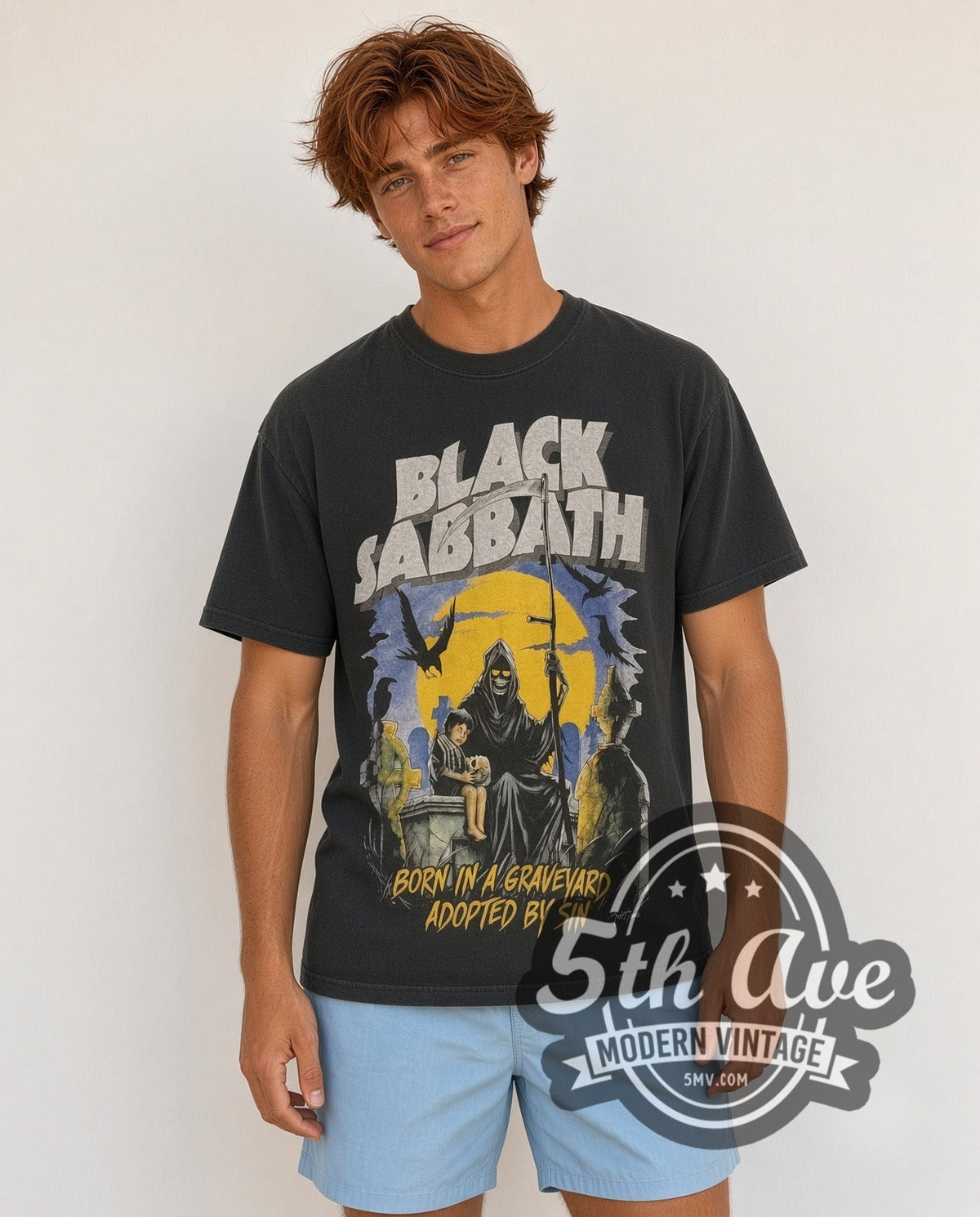 Model wearing the Black Sabbath Never Say Die Live on Tour 1978 vintage band t-shirt
