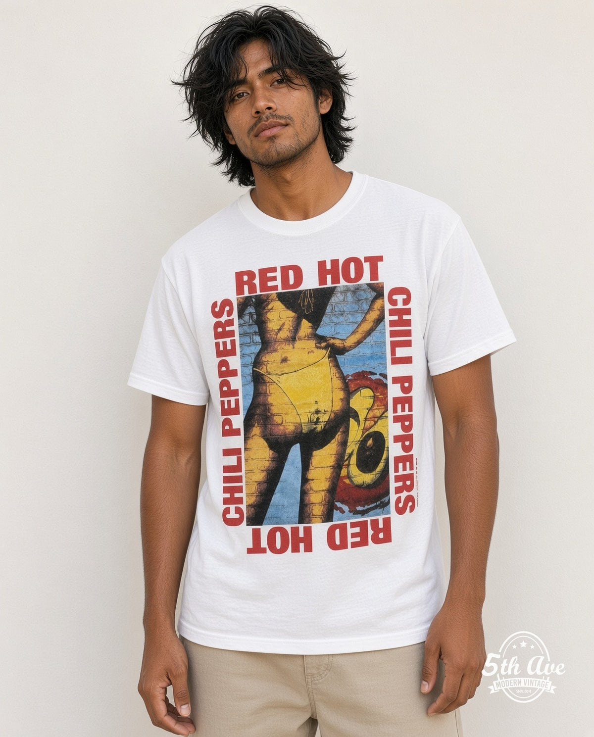Model wearing RHCP Mother's Milk White vintage band tee
