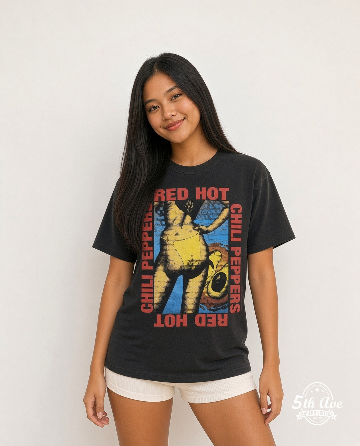 Model wearing RHCP Mother's Milk Black vintage band tee