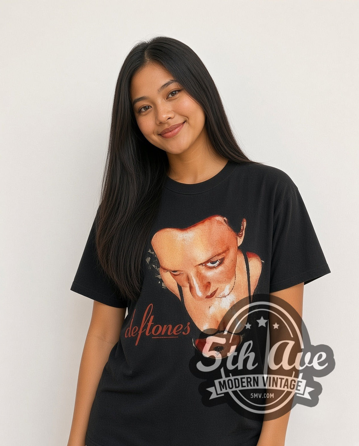 Model wearing the Deftones Around the Fur Red Script vintage band t-shirt in black