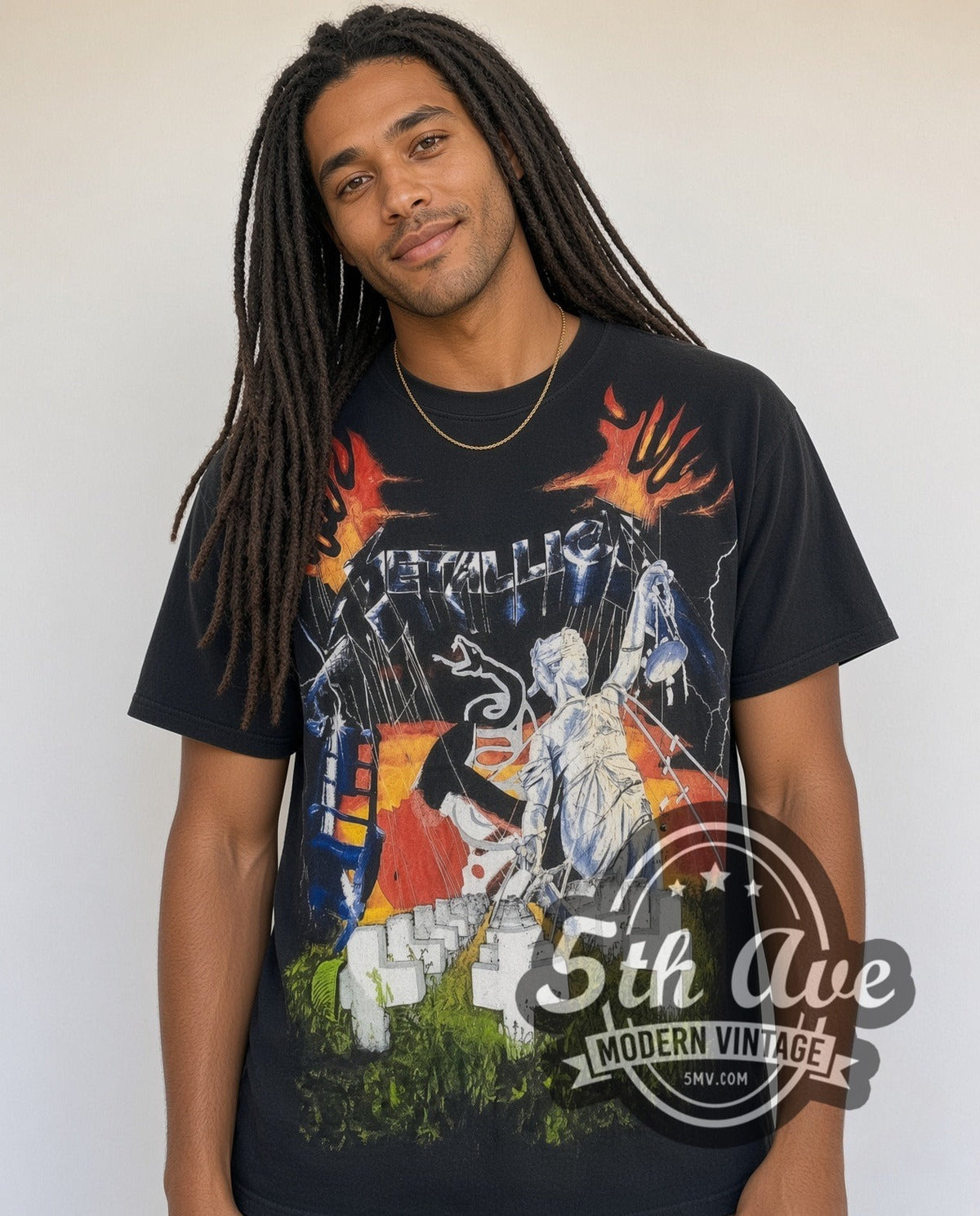 Model wearing the Metallica ...And Justice for All all-over-print vintage band t-shirt in black