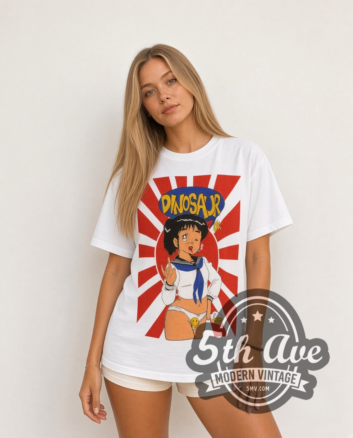 Model wearing the Dinosaur Jr. Graphic vintage band t-shirt in white