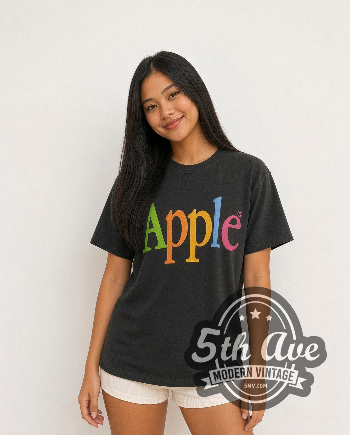 Model wearing the Apple Rumba Graphic vintage graphic tee in black