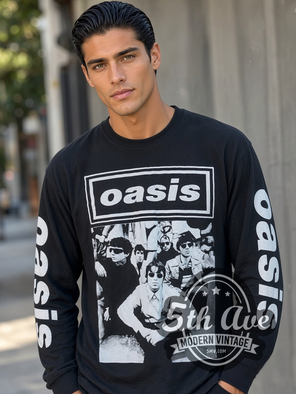 Model wearing the Oasis Band Photo vintage band long sleeve t-shirt