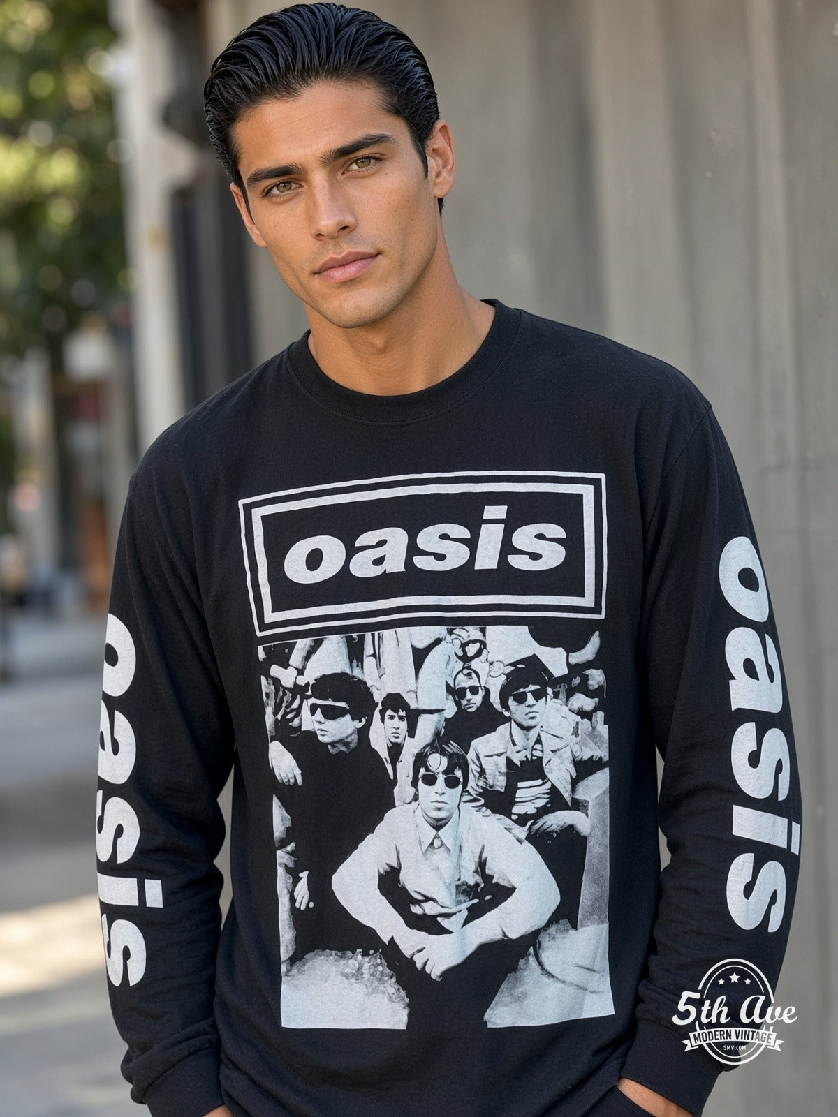 ETS LS 11 Oasis Band Photo long sleeve vintage tee worn by a model