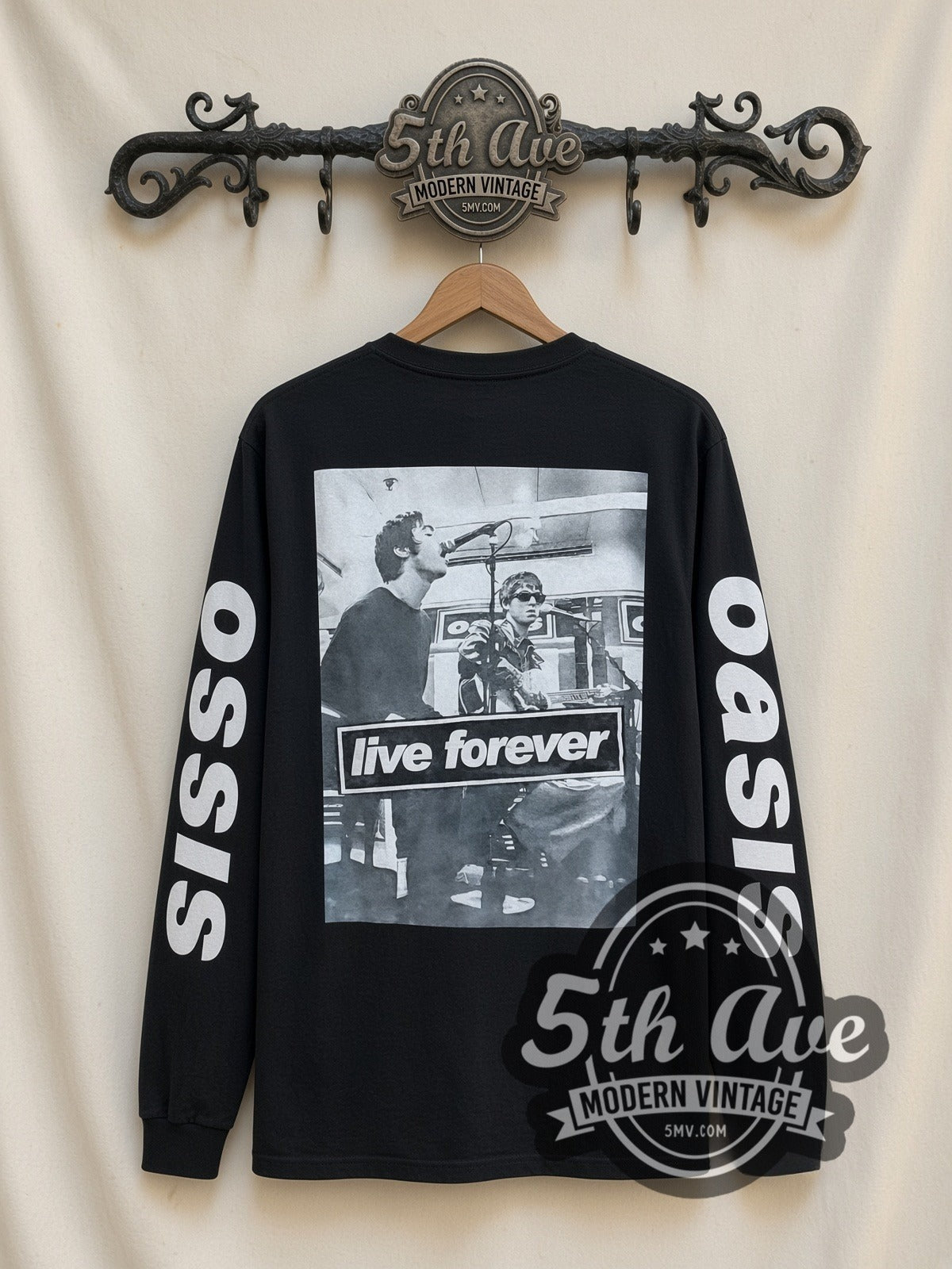 Oasis Band Photo vintage band long sleeve t-shirt, back view on a display rack