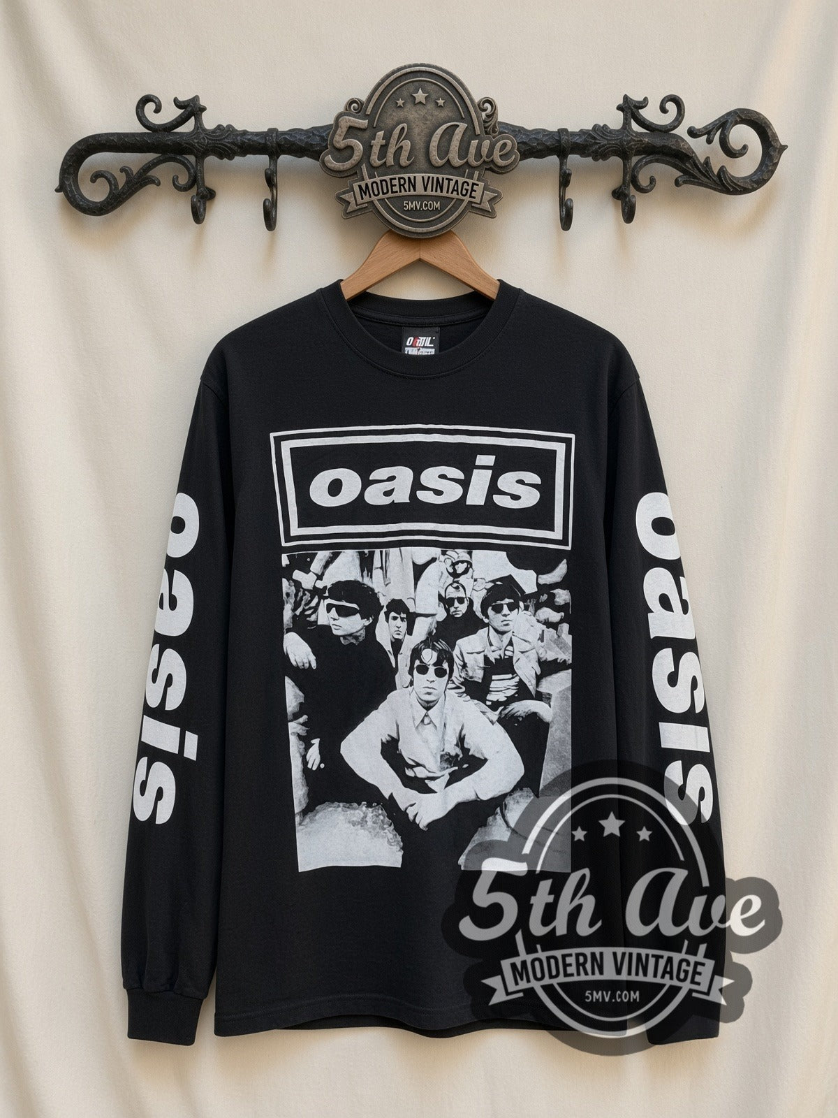 Oasis Band Photo vintage band long sleeve t-shirt, front view on a display rack