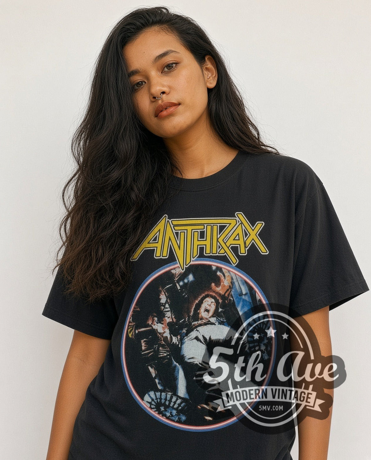 Model wearing the Anthrax Fist vintage band t-shirt in black