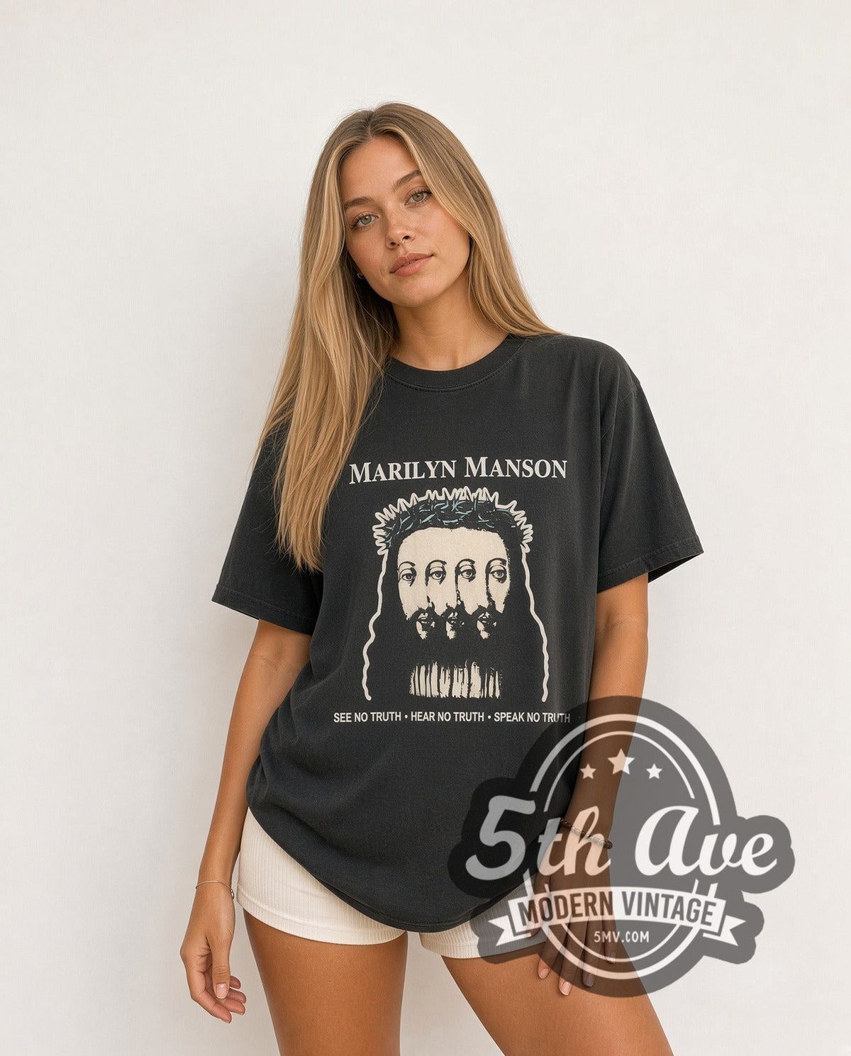 Model wearing the Marilyn Manson Believe vintage band t-shirt in black