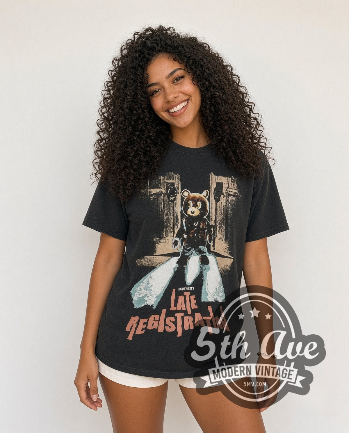 Model wearing the Kanye West Late Registration / Touch the Sky Tour 2005 vintage band t-shirt in black