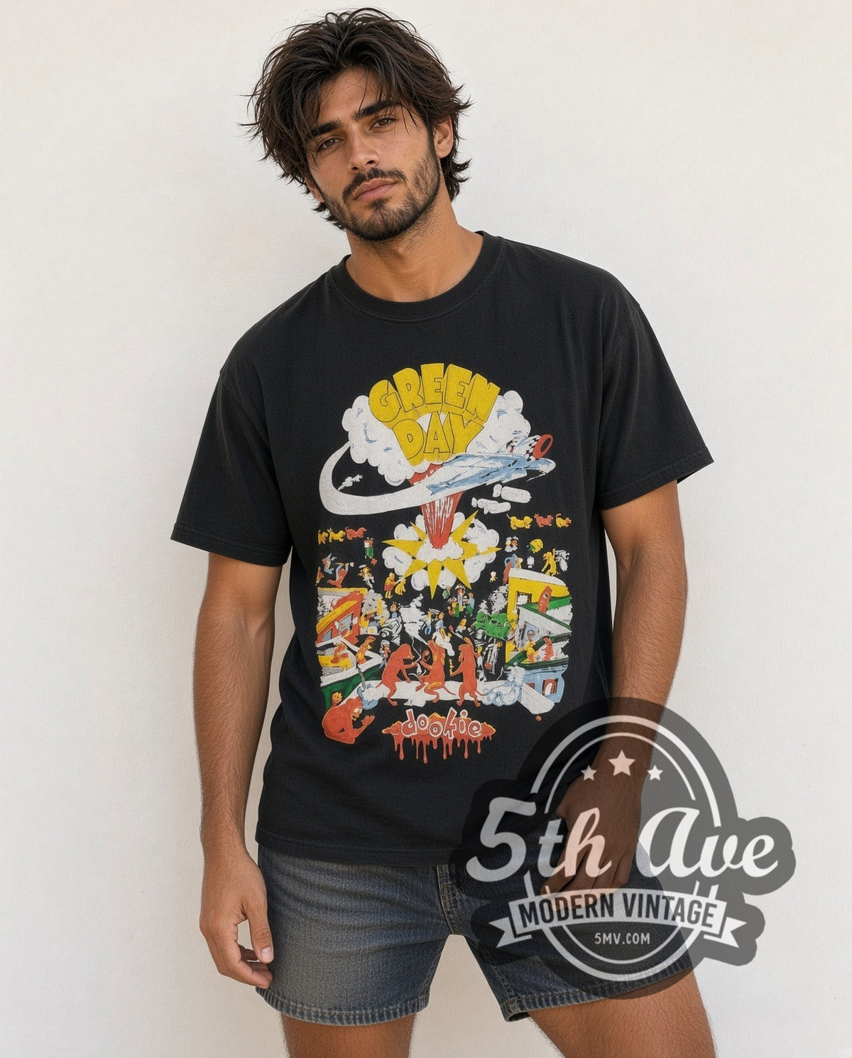 Model wearing the Green Day Dookie Tour 1994 vintage band t-shirt in black