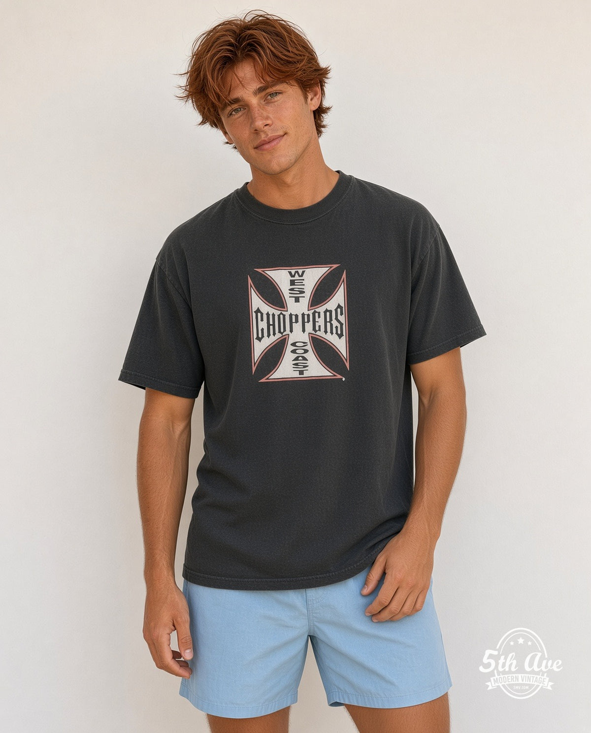 Model wearing the West Coast Choppers Long Beach Red Cross graphic tee in black
