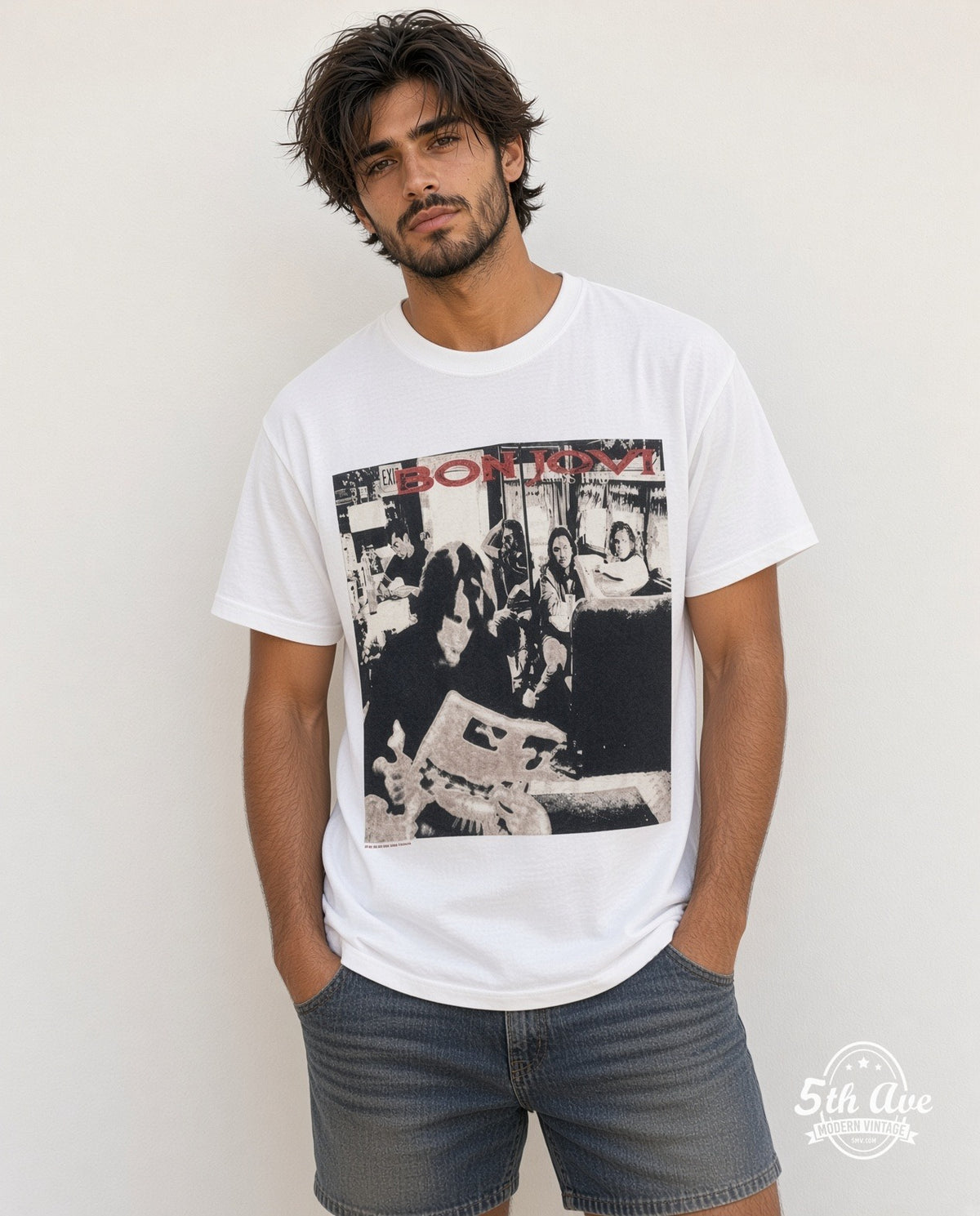 Model wearing the Bon Jovi Live vintage band t-shirt in white