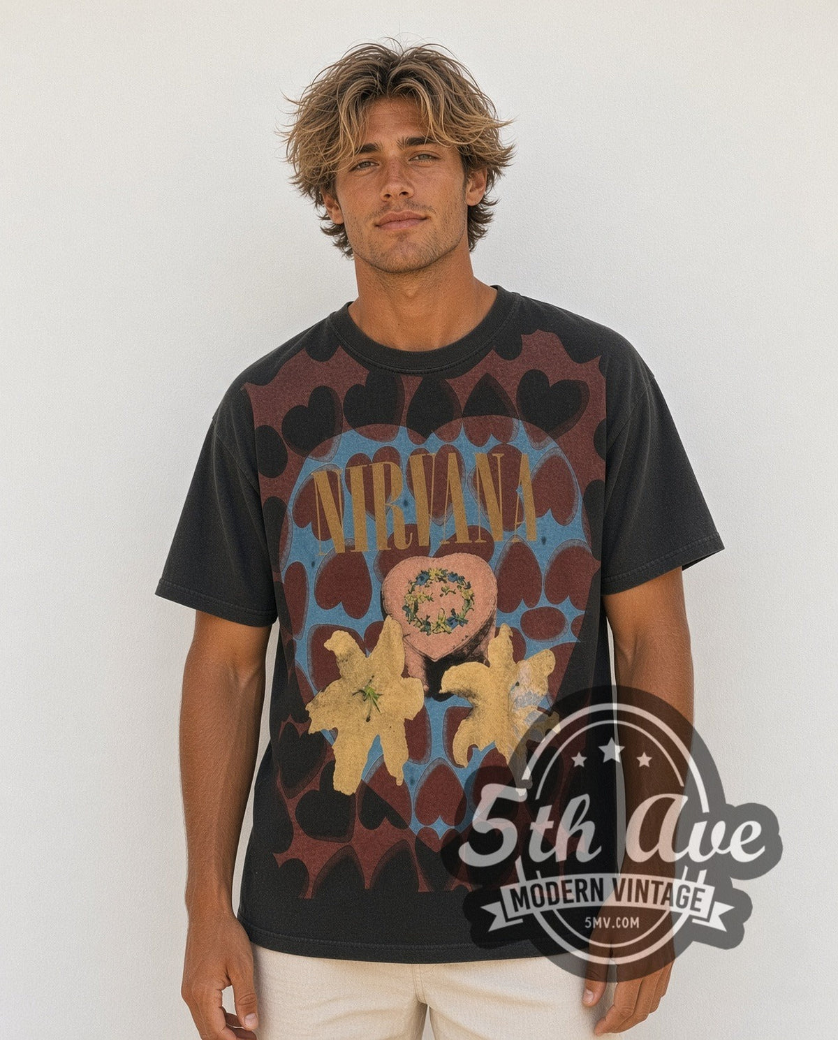 Model wearing the Nirvana Heart-Shaped Box all-over-print vintage band t-shirt