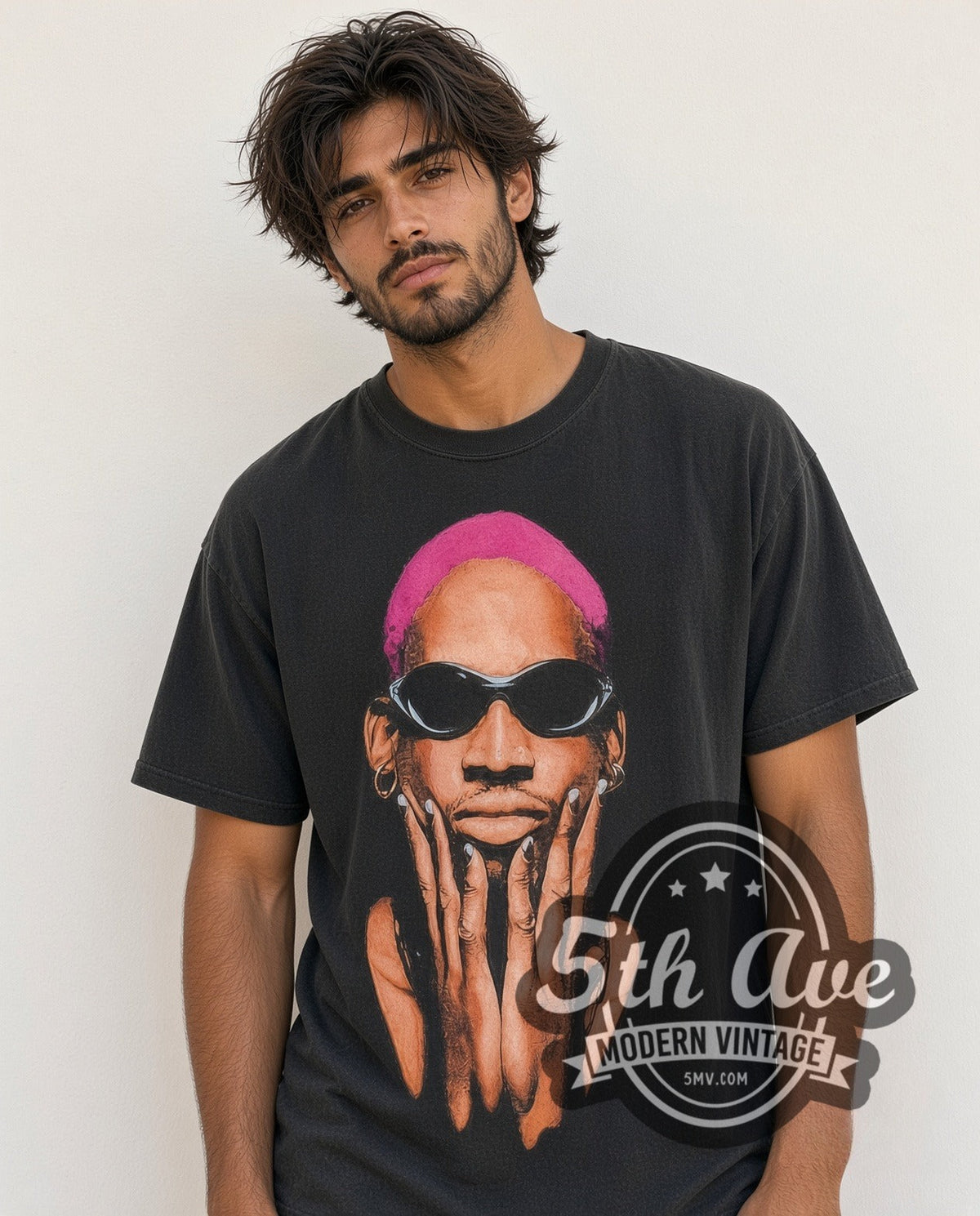 Model wearing the Dennis Rodman Not of This World vintage basketball tee in black