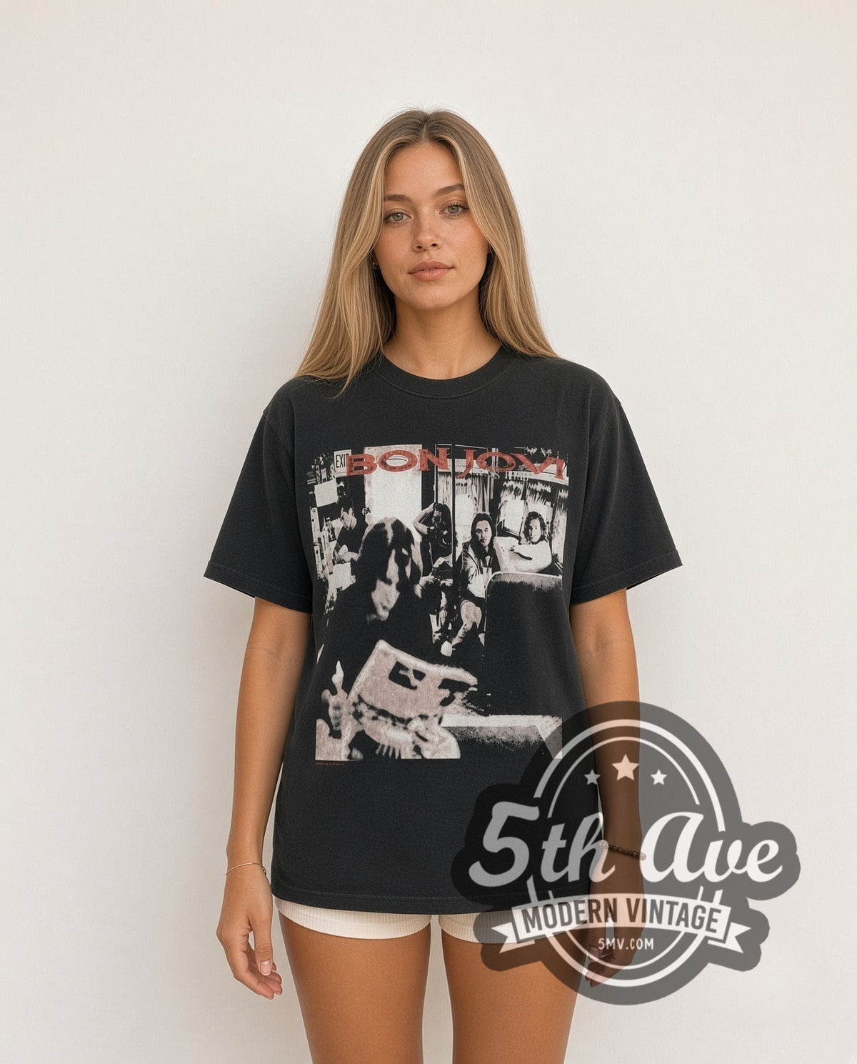 Model wearing the Bon Jovi Live vintage band t-shirt in black