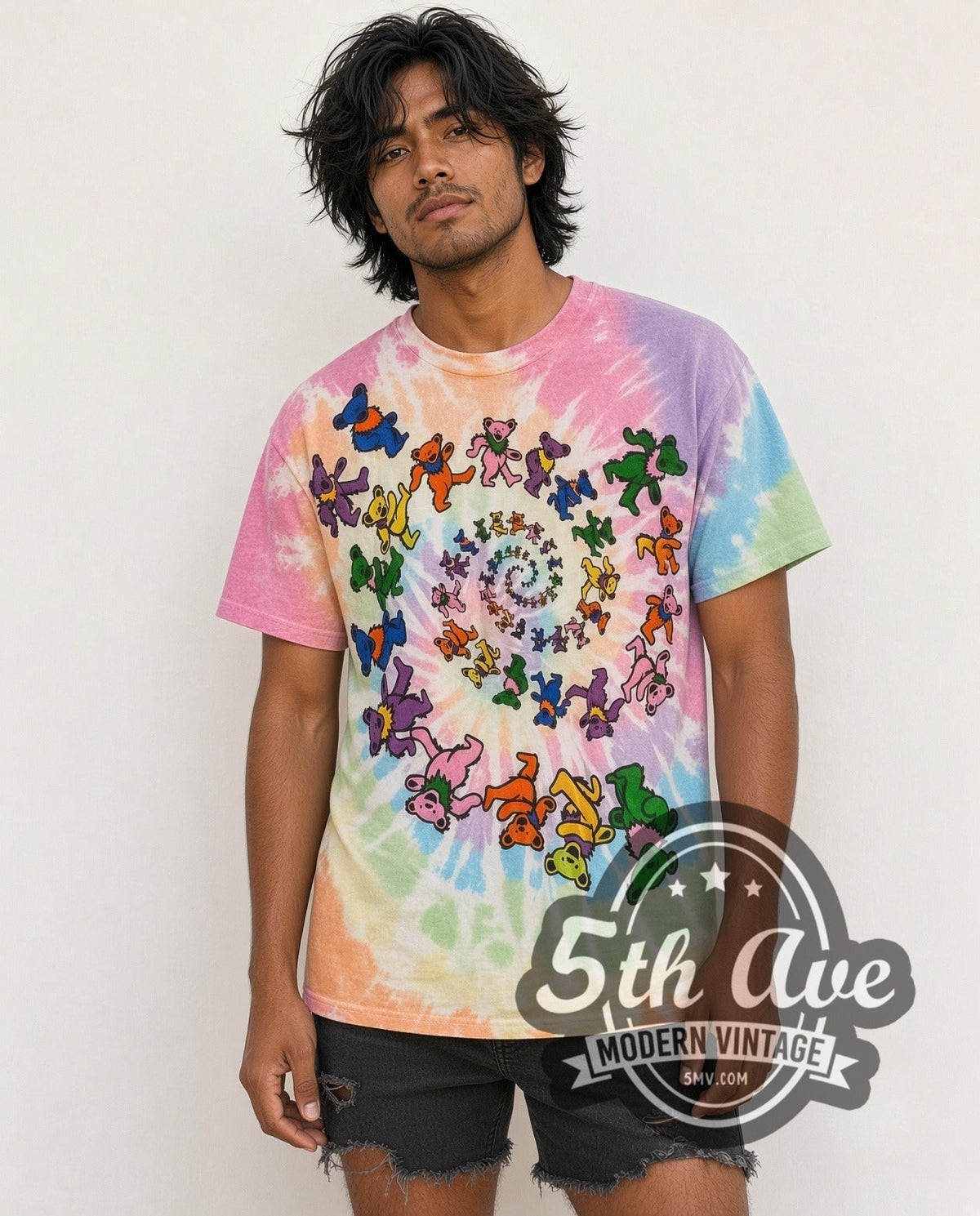 Model wearing the Grateful Dead Spiral Bear Tie Dye vintage band t-shirt