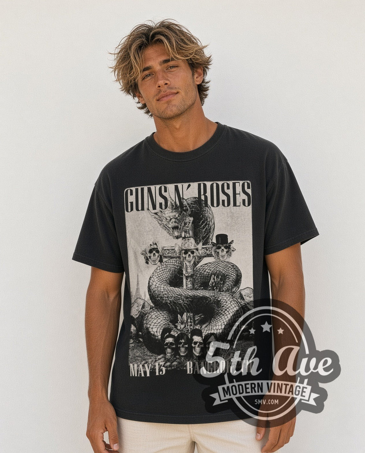 Model wearing the Guns N' Roses World Tour Thailand 2025 vintage band t-shirt