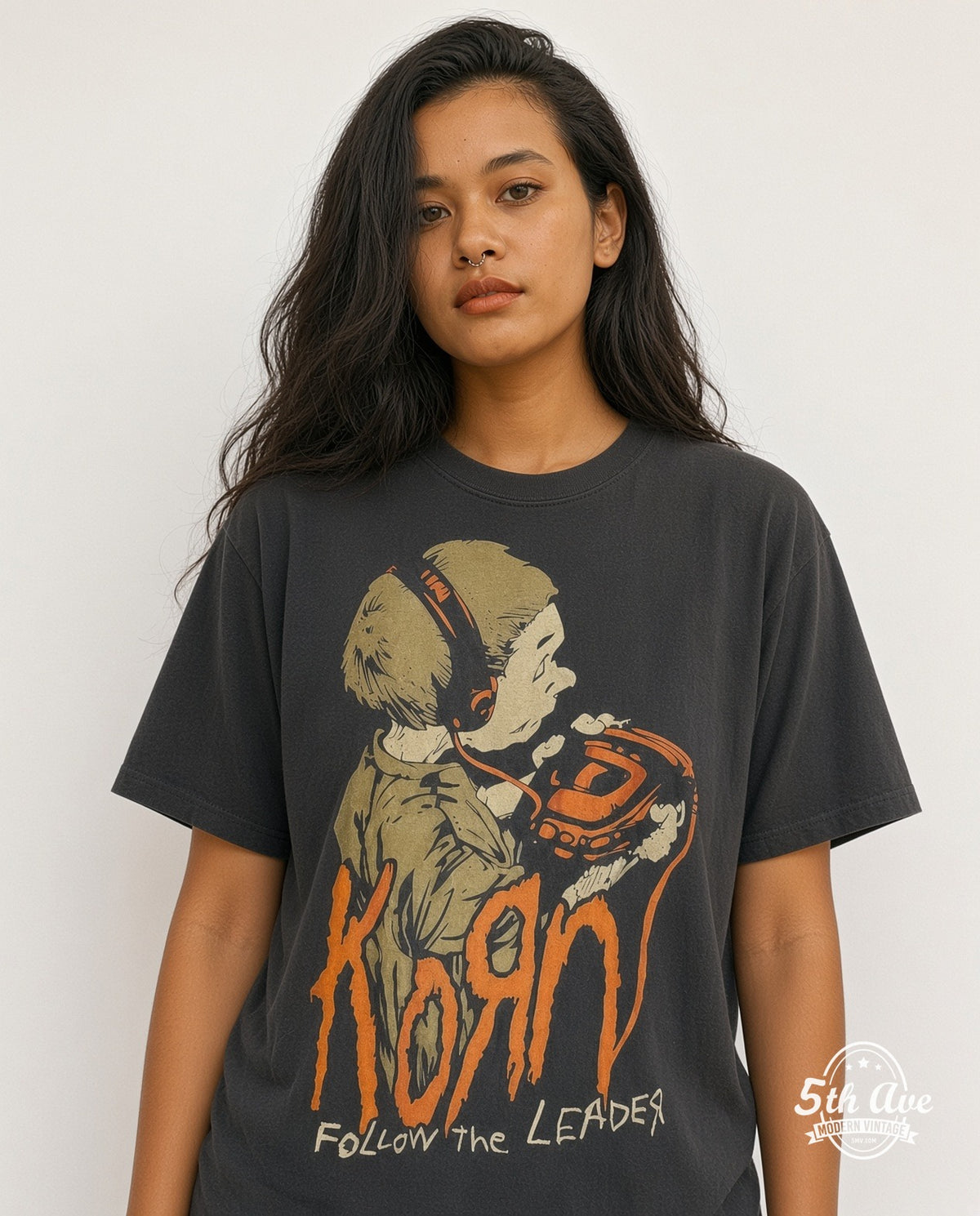 Model wearing the Korn Follow the Leader vintage band t-shirt in black