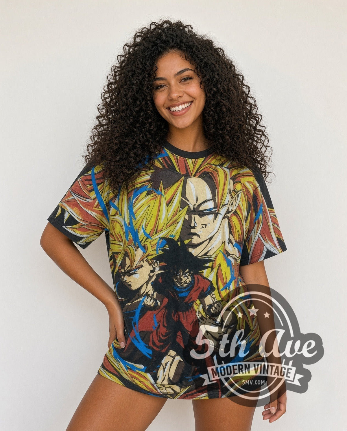 Model wearing the Dragon Ball Z Goku Super Saiyan all-over-print vintage graphic t-shirt
