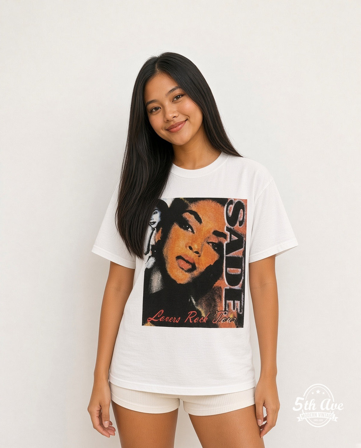 Model wearing the Sade Lover's Rock vintage band t-shirt