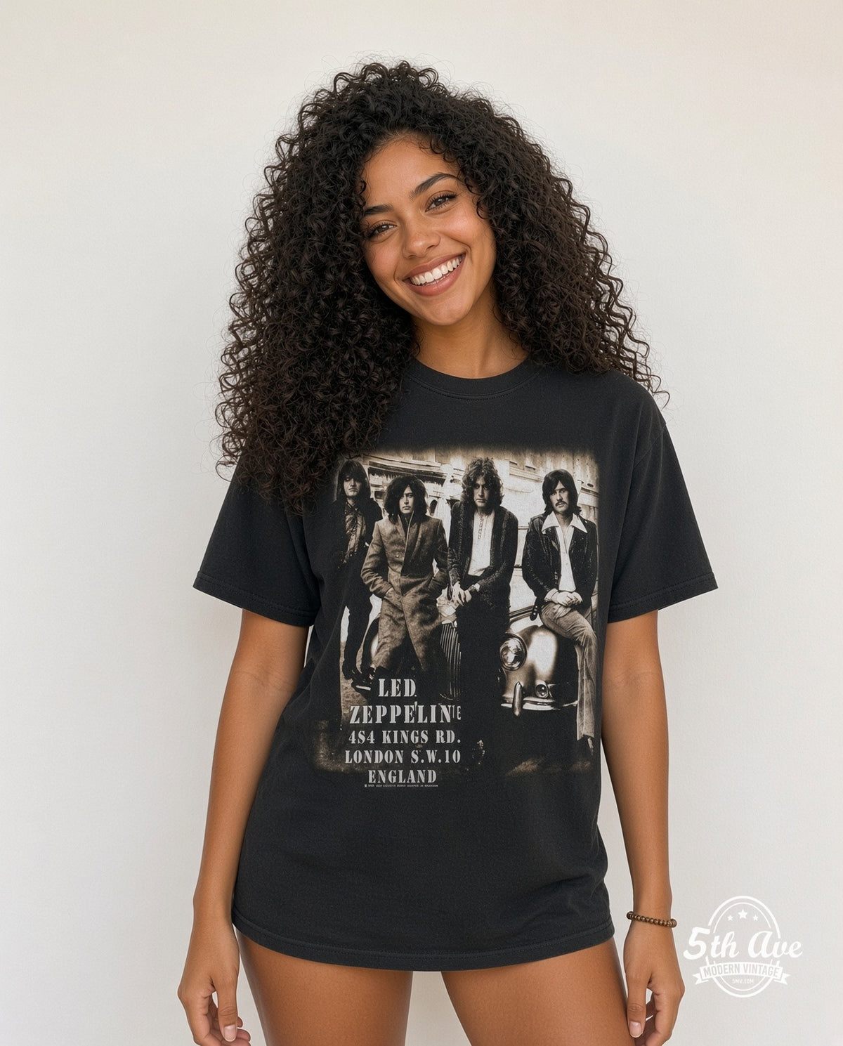 Model wearing Led Zeppelin 484 Kings Rd London Black vintage band tee