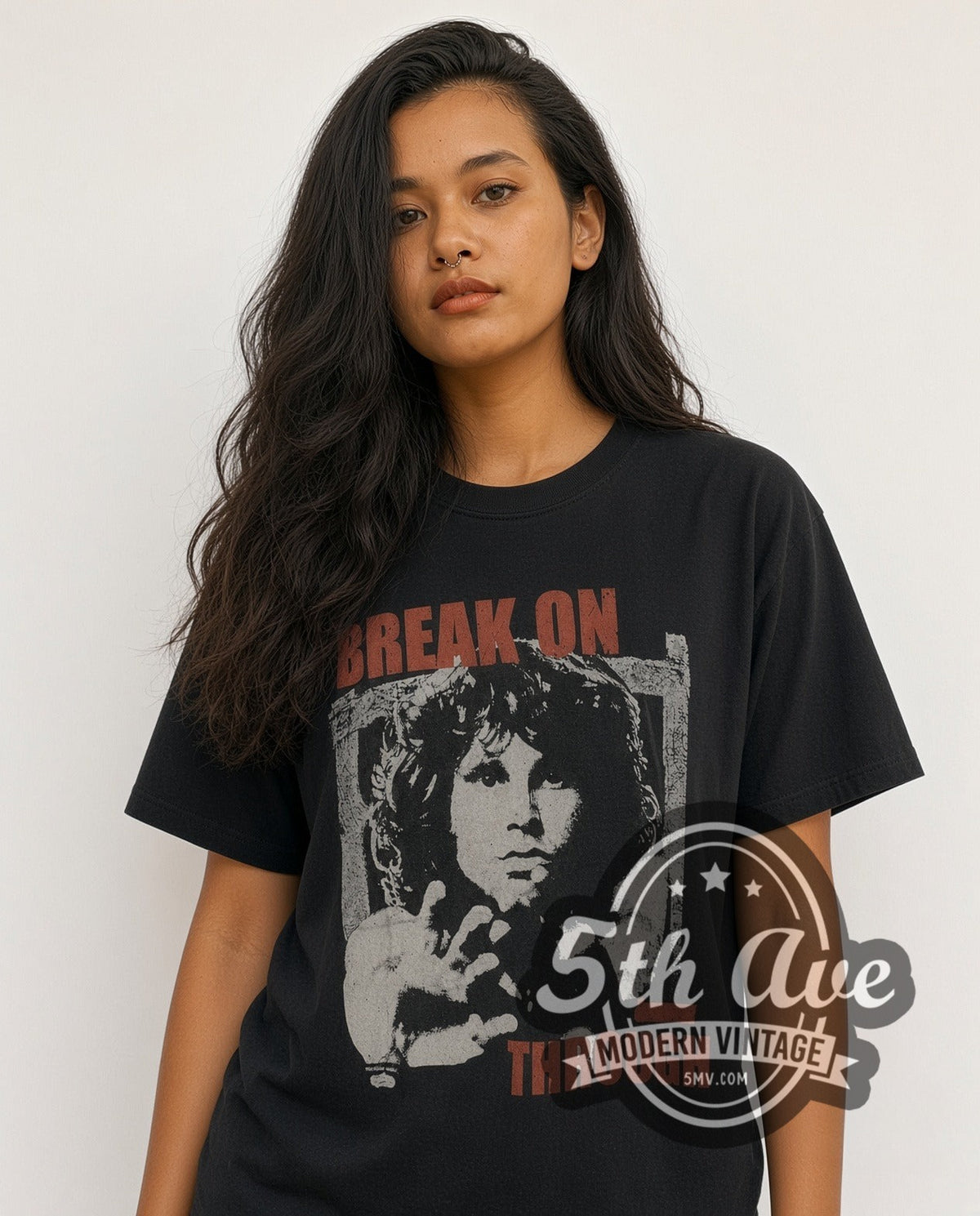 Model wearing The Doors Break On Through / Jim Morrison vintage band t-shirt