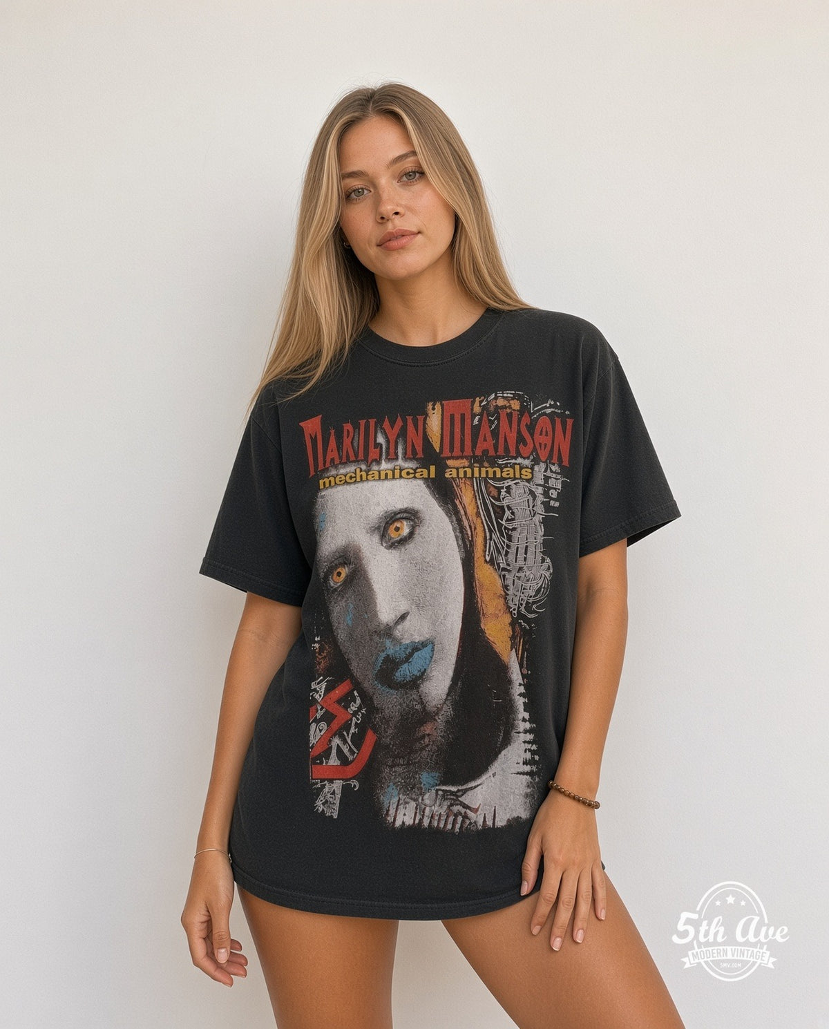 Model wearing the Marilyn Manson Mechanical Animals Blue Lips vintage band t-shirt